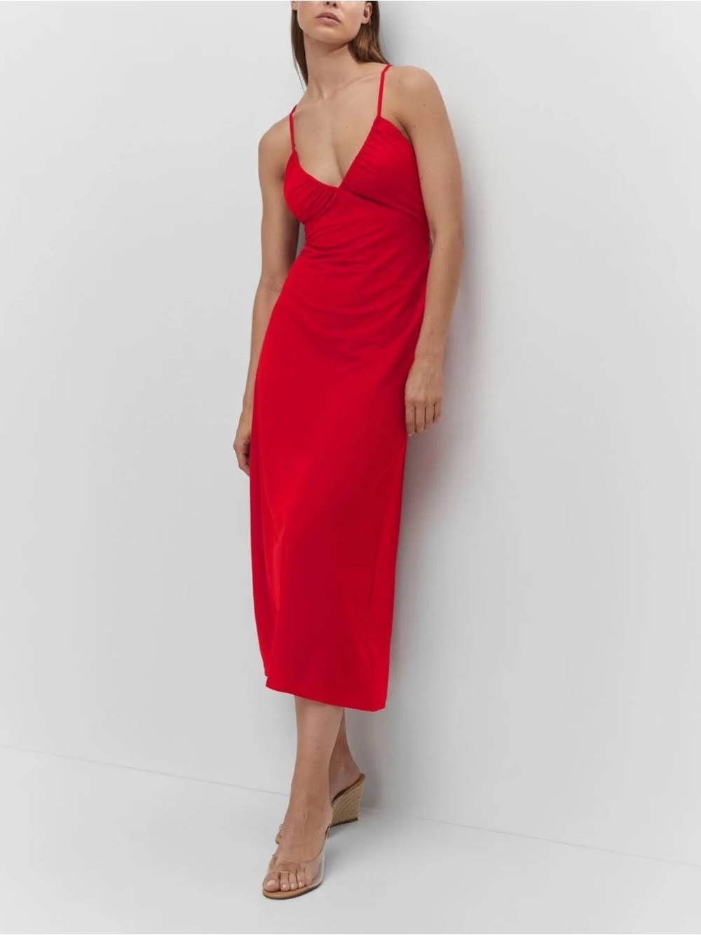 Red Slip Midi Dress with Spaghetti Straps